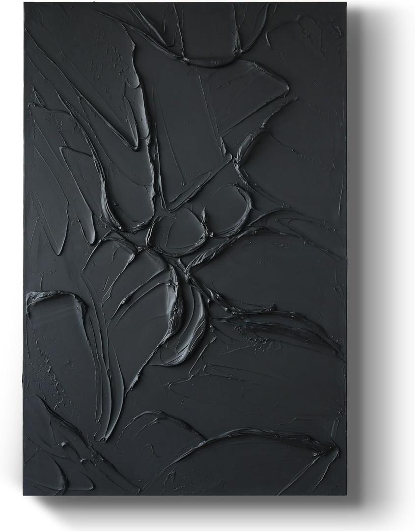 GeekMacro Hand-painted Black Textured Wall Art Minimalist Abstract Oil Painting 30x45 inch Large Artwork for Living Room Vertical Wall Decor