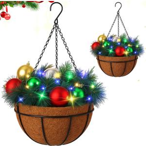 2 Pcs Winter Hanging Baskets for Outdoors Christmas Porch Decor with Pine Cones Berry Clusters LED Lights Christmas Hanging Basket for Outdoors, for Front Door Home Porch(Ball Tree)