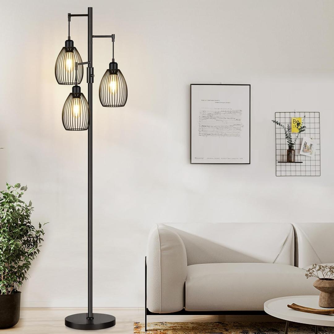 Dimmable Floor Lamp, 3 x 800LM LED Edison Bulbs Included, Farmhouse Industrial Floor Lamp Standing Tree Lamp with Elegant Teardrop Cage Tall Lamps for Living Room Bedroom Office Dining Room-Black (Matte Black-70 inches)