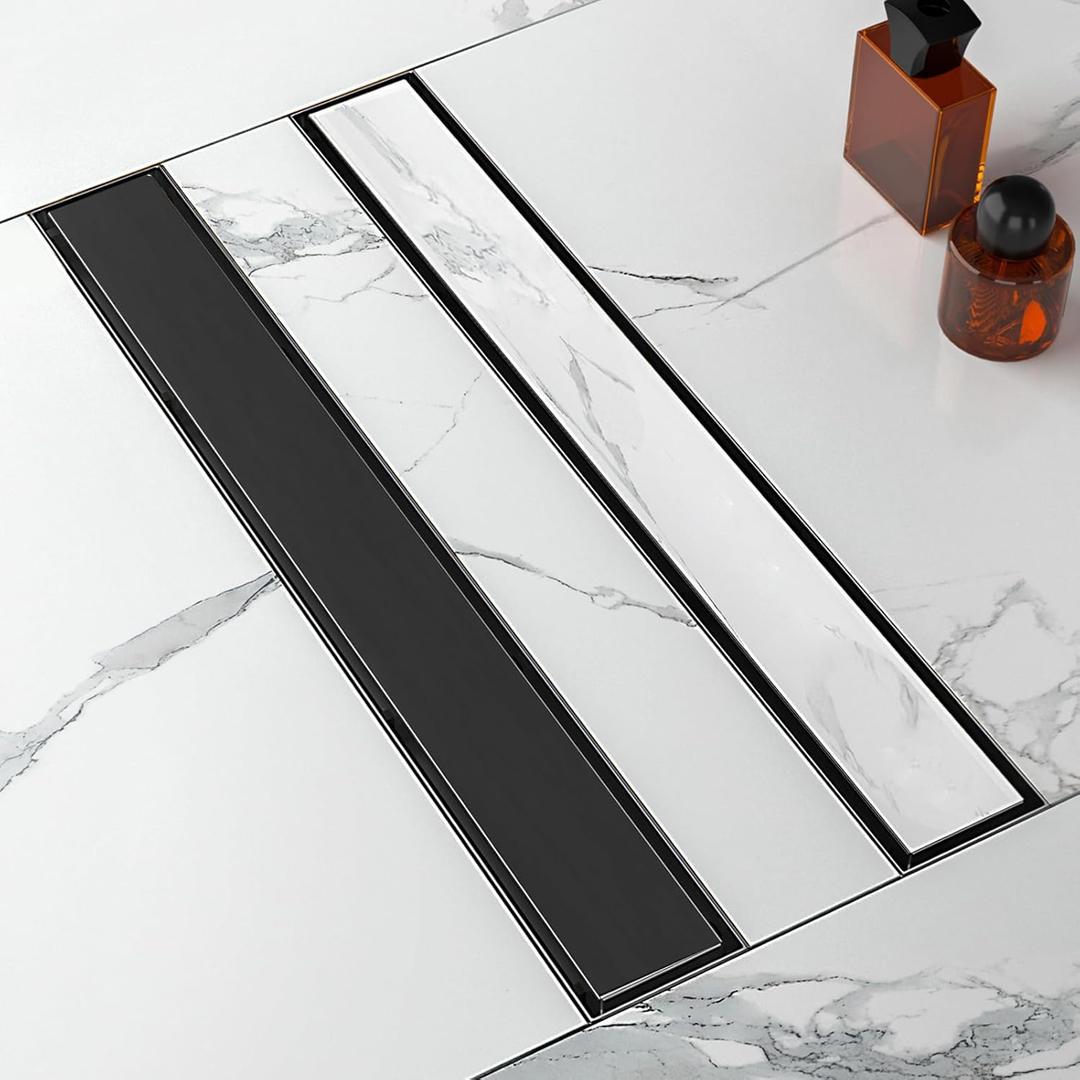 24-Inch Linear Shower Drain with Tile Insert Grate, SUS 304 Stainless Steel Linear Drain, Matte Black Long Rectangle Shower Floor Drain with Leveling Feet, Hair Strainer, Fits Bathroom