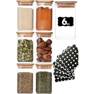 6oz Glass Spice Jars with Bamboo Lid and Label, 6 Pack Square Glass Container, Small Food Storage Containers for Kitchen, Clear Empty Seasoning Jar for Sugar, Salt, Coffee Bean, Herb, Borosilicate