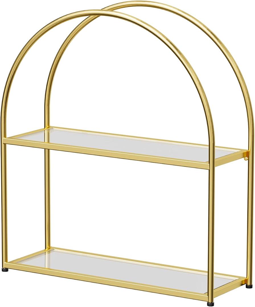 Crofy Gold Arched Frame Wall Shelf, Decorative 2 Tier Bathroom Wall Shelf with Transparent Tempered Glass Shelves and Robust Storage Capacity, 5.1" D x 17.9" W x 19.18" H