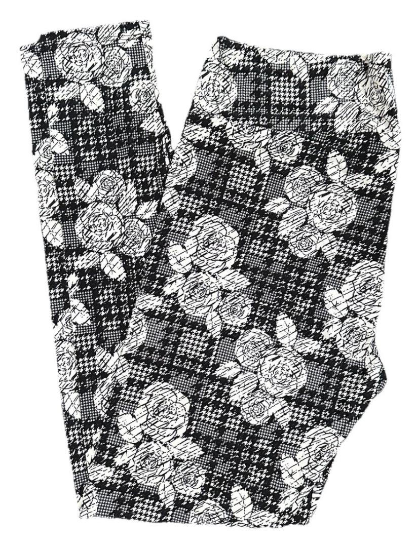 LuLaRoe TC Leggings Floral Houndstooth White on Black TC