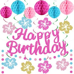 YTHETM Hawaiian Luau Birthday Party Decorations Glittery Pink Happy Birthday Banner for Tropical Party Decorations Summer Birthday Party Decor
