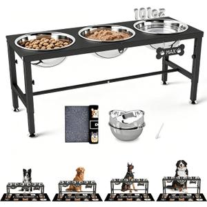SHAINFUN Elevated Dog Bowl Stand for Large Dogs& Extra Large Dogs with 3 Bowls 101oz– 4 Adjustable Height Raised Pet Feeder with Anti-Spill Mat, Stainless Steel Food & Water Station