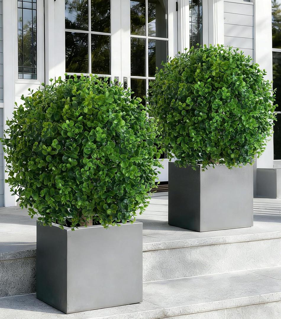 Artificial Eucalyptus Topiary Ball Trees for Outdoor Set of 2 Fake Plant Bushes with Ground Spike UV Resistant Faux Shrubs for Garden Front Porch, Green