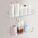 Shower Caddy Adhesive, 2 Pack Clear Acrylic Shower Organizer Bathroom Shelf with Hooks, No Drilling Wall Mounted Waterproof Rustproof Shower Rack for Bathroom Shampoo