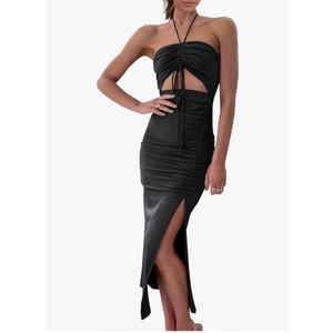 Heysolo Women Summer Cut Out Dresses Backless Halter Neck Side Slit Backless Sleeveless Ruched Party Club Dress, M