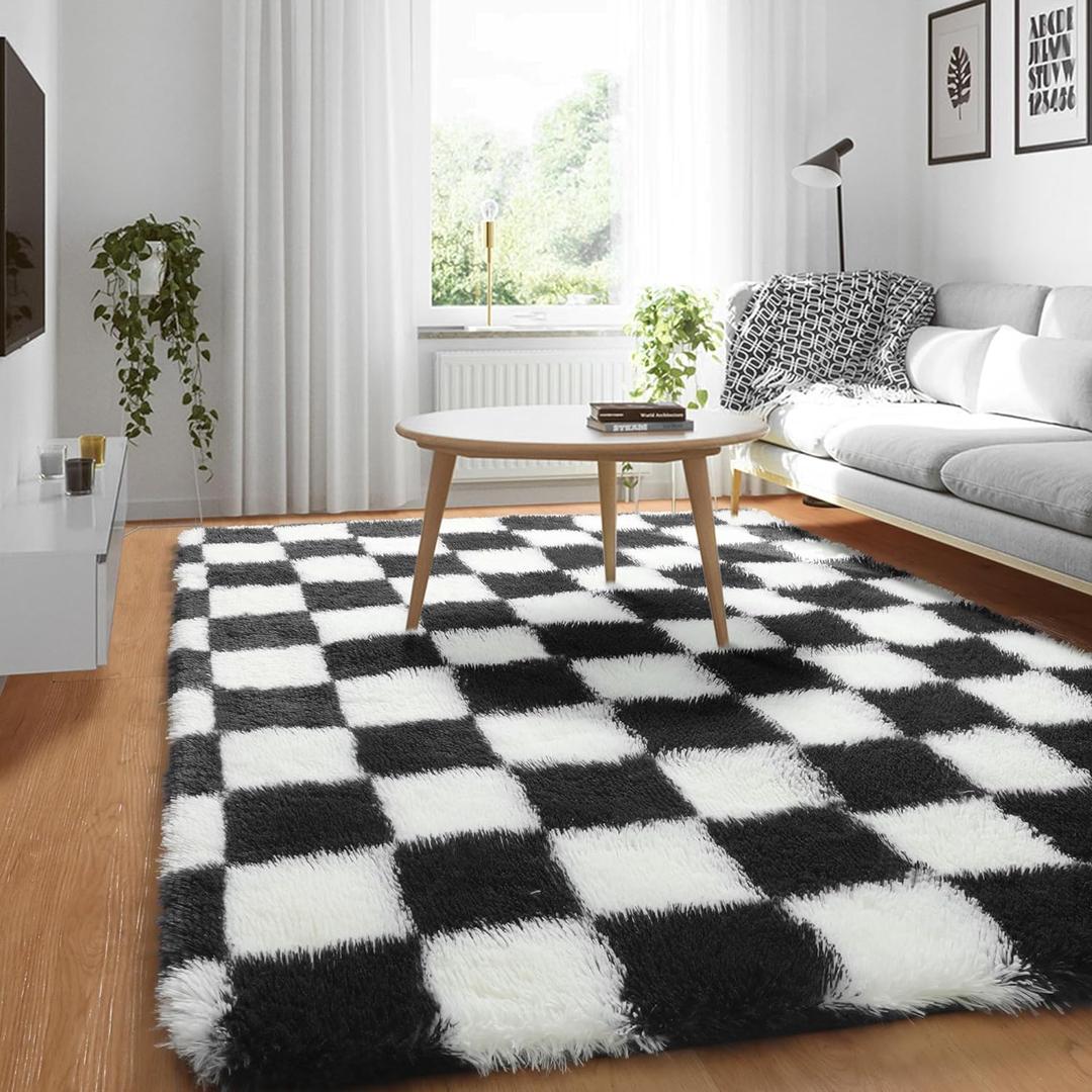KICMOR Black and White 3x5 Rugs for Bedroom Bedside, Fluffy Soft Checkered Shag Area Rug Fuzzy Shaggy Small Living Room Carpet, Plush Throw Rug for Kids Boys Girls Dorm Nursery Home Decor Aesthetic