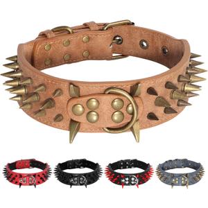 Beirui Heavy Duty Spiked Leather Dog Collar 2 inch Wide - Anti-Bite Sharp Rivet Studded Dog Collar for Medium Large Dogs Pit Bull Mastiff Bulldog (Brown,Neck for 18-23",Total Length 25.5") 