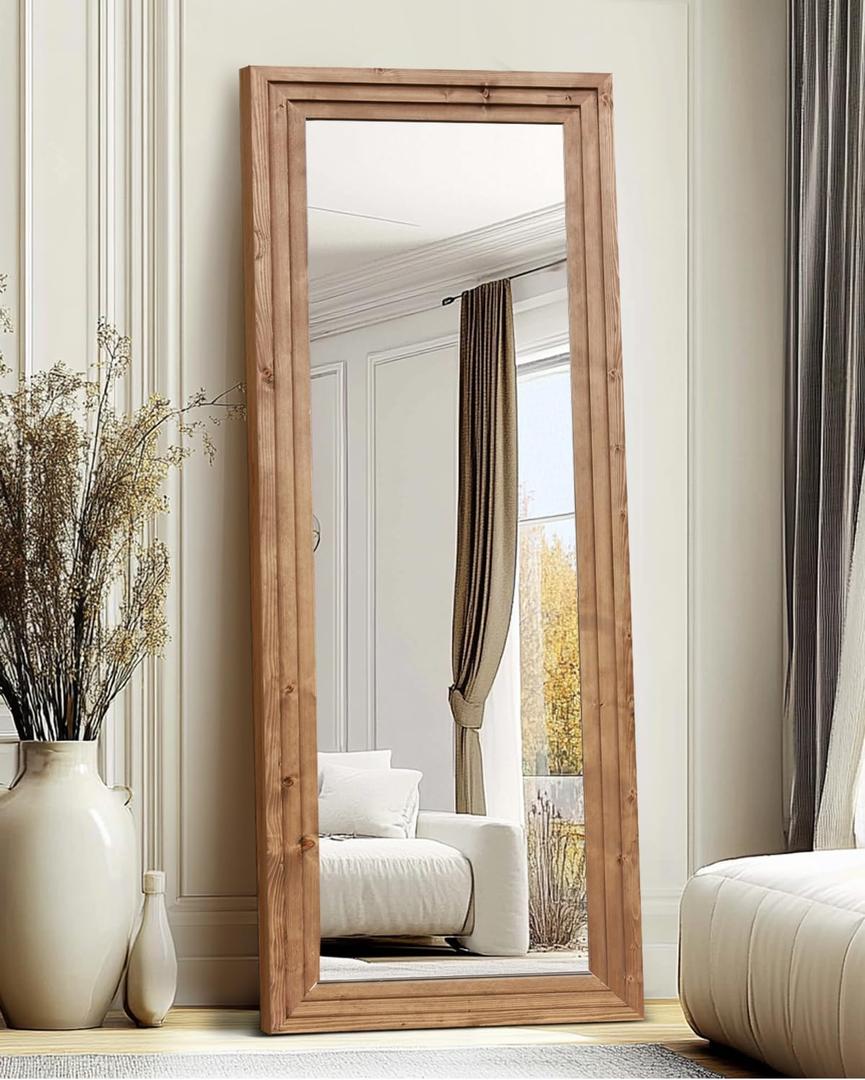 Full Length Mirror 65"x22" with Stand Solid Wood Frame Floor Large Mirror for Living Room, Bedroom Hanging Standing or Leaning Wall-Mounted, Light Brown