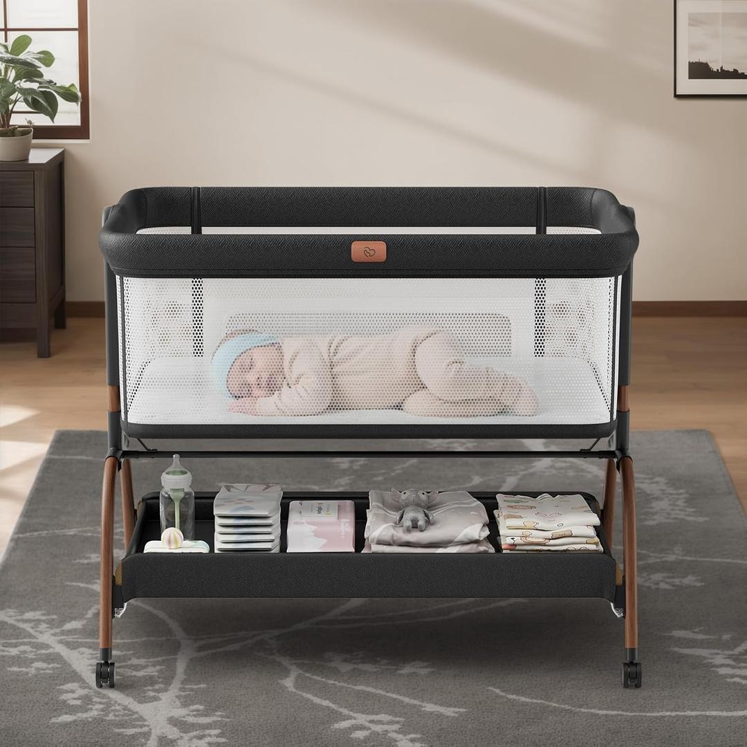 Baby Bassinet Bedside Crib, 3-in-1 Baby Bassinet Bedside Sleeper with Mattress and Soft, Breathable Sheet, Full-Mesh Sides, 6-Height Adjustable, Stable and Secure Crib for Newborns (Wood Grain Legs + Black Bed)