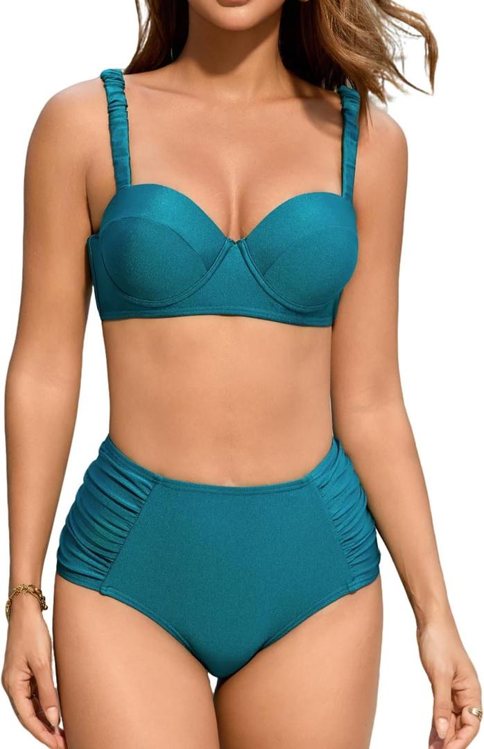 Shuangyu High Waisted Bikini Sets for Women Underwire Two Piece Bathing Suit Full Coverage Bikinis Modest Swimsuit (Medium, 1 Green)