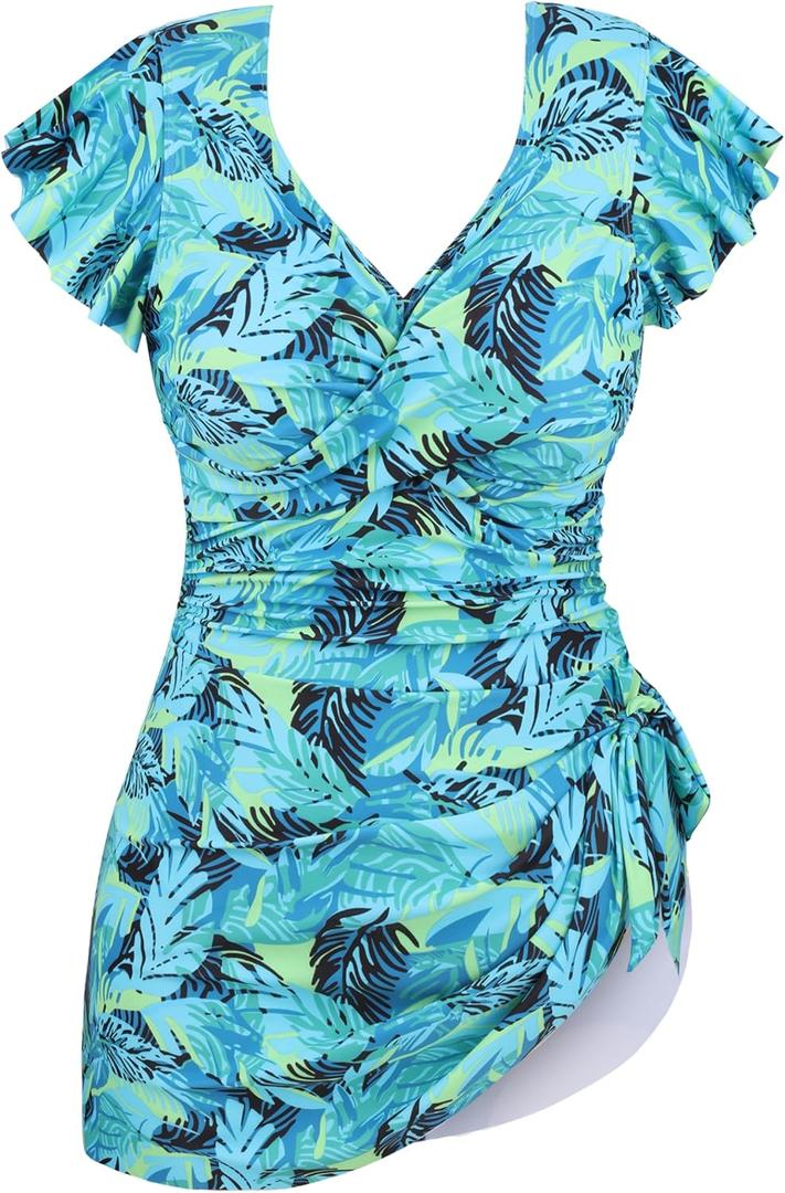Plus Size Swim Suits for Women One Piece Bathing Suit Modest Swim Dress Tummy Control V Neck Ruffle Swimwear (16W, Deep Green Floral)