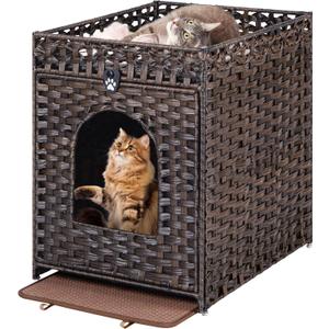 Snughome Cat Litter Box Enclosure Furniture Hidden with Litter Mat, Hidden Cat Washroom Furniture with Door, Handwoven Rattan Cat Washroom Box, Indoor Pet House for Living Room, Bedroom (Brown) (20.87"L x 16.93"W x 22.44"H)