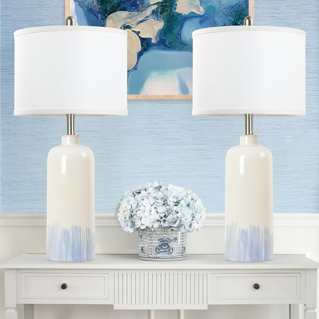 Sucolite 26" Ceramic Table Lamps Set of 2, Coastal Living Room Table Lamps with White Fabric Shades, Large Modern Bedside Lamps for Bedroom Nightstand Office Hotel Beach House, Blue Accent
