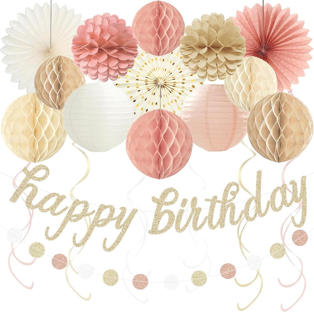 Boho Pink Happy Birthday Decorations for Women Girls, Pre-Strung Happy Birthday Banner with Honeycomb Balls, Paper Flowers, Lanterns, Fans, Hanging Swirls, Circle Dots Garland for Party 24pcs