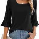 Poetsky Womens Casual 3/4 Sleeve Tops Summer Square Neck T Shirts Ruffle Loose Fit Tunic Blouses 2XL