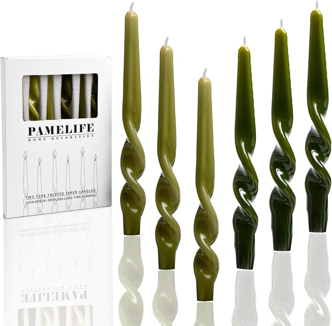 Olive Green Gradient Spiral Taper Candles 6/8 Pack, Handmade Twisted Unscented Dripless Tapered Candlesticks 10 Inch for Holiday Wedding Party Dinner Home Decor