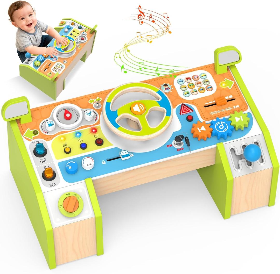 Montessori Car Busy Board for Toddlers, Wooden Sensory Steering Wheel Activity Baby Toy with Lights, Buttons, Gears & Key Start, Kids Interactive Educational Toys for Boys Girls