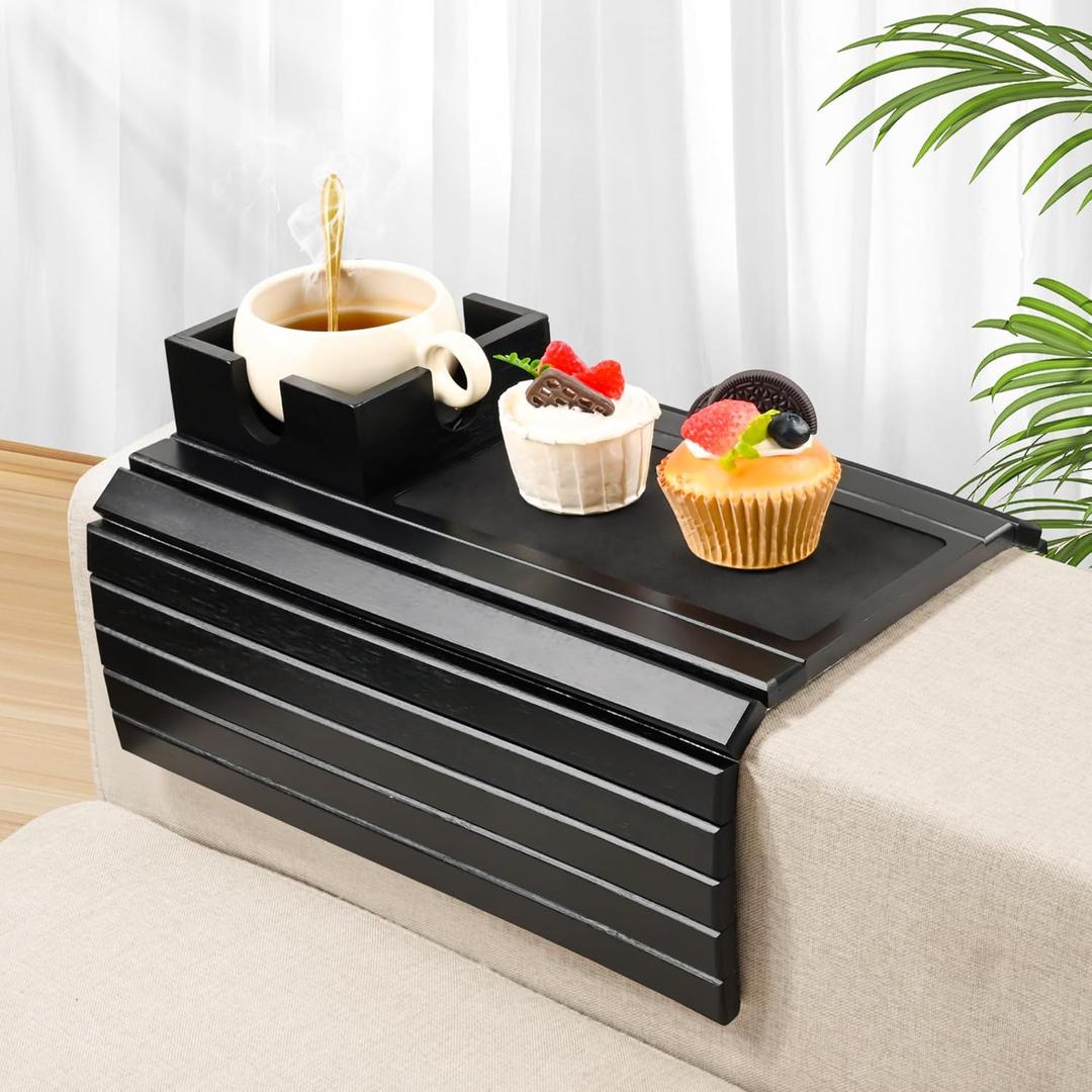 Joy&Grace Sofa Armrest Tray with Large Mug Holder, Bamboo Couch Arm Tray, AntiSlip Couch Cup Holder Foldable Sofa Arm Table for Eating Drinks Cellphone (Color Black)