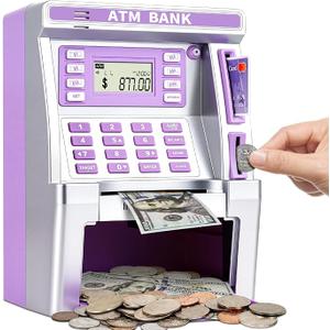 Purple Piggy Bank for Kids, ATM Machine Bank for Real Money with Debit Card, Bill Feeder, Coin Recognition, Balance Calculator, Electronic Savings Safe Box, Gifts for Teen Boy Girl
