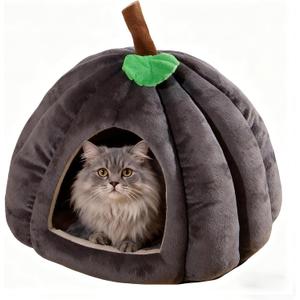 Cat Bed for Indoor Cats - Adorable Cozy Pumpkin Cat Cave with Removable Cushion, Super Soft Pet House Tent for Kittens & Small Pets, Warm & Washable Non-Slip Design(S 15 inch Grey)
