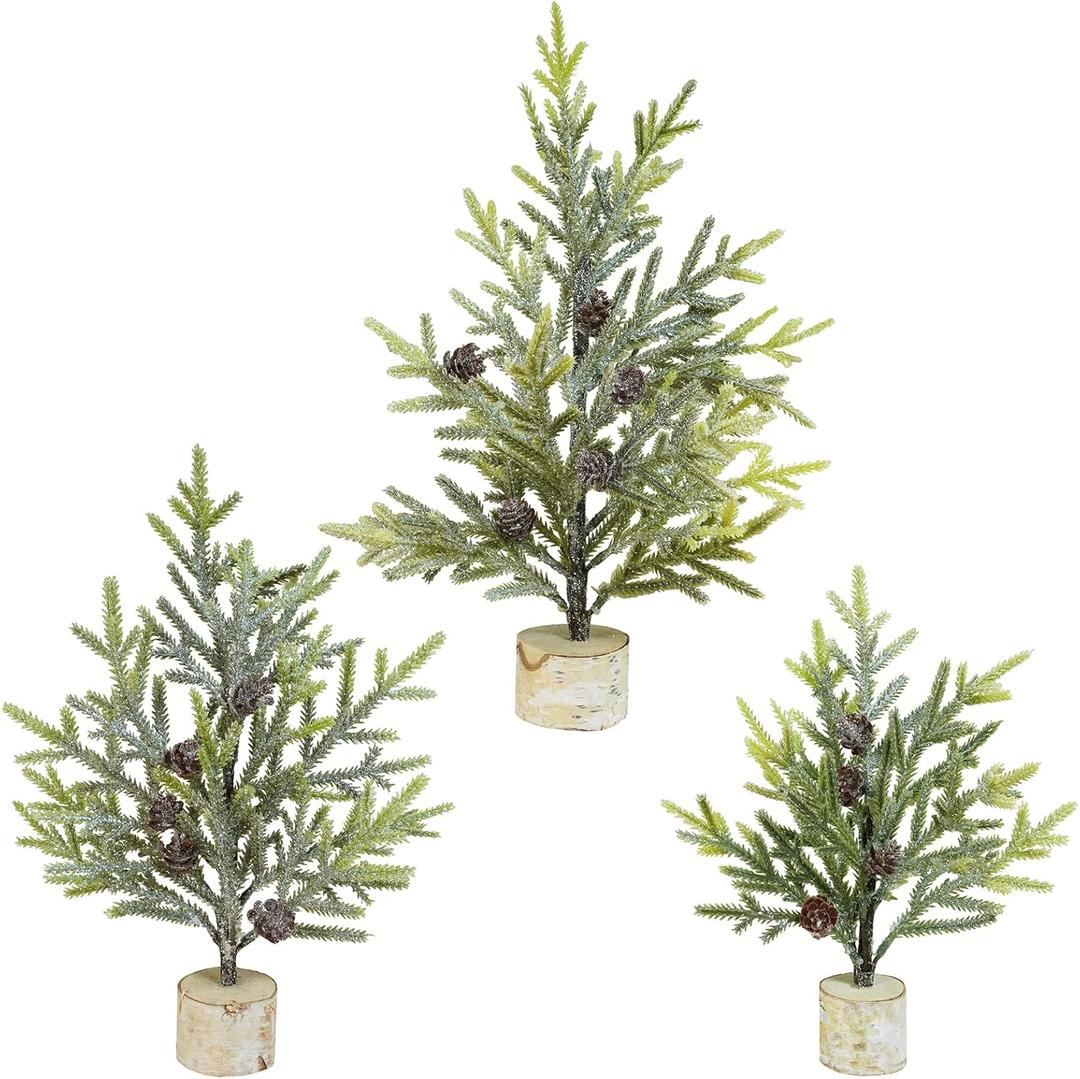 Winlyn Set of 3 Mini Frosted Artificial Pine Trees with Pinecones and Wood Bases Small Tabletop Christmas Trees for Rustic Farmhouse Christmas Winter Holiday Decorations Table Centerpiece Dcor