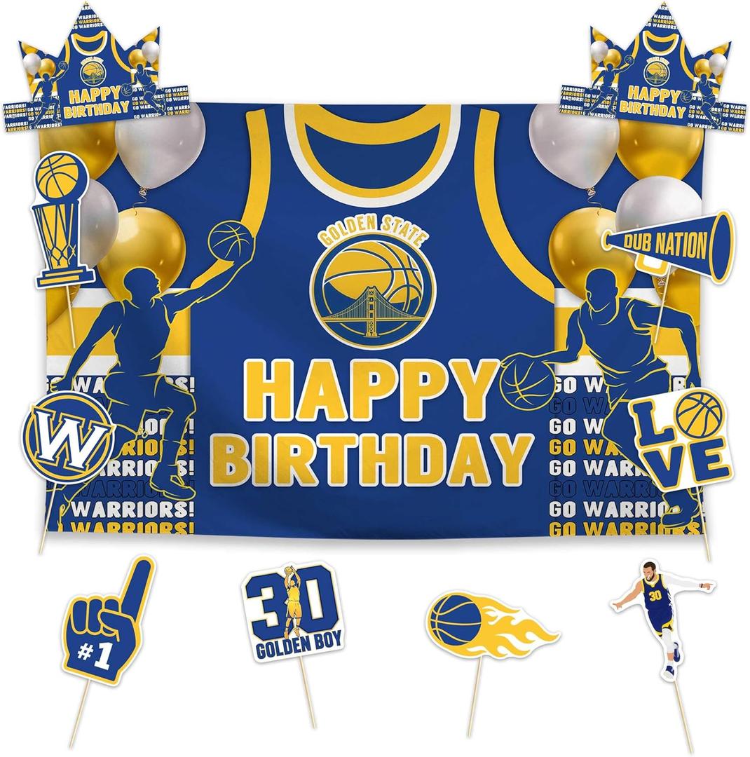 Allenjoy Blue and Gold Basketball Team Birthday Party Supplies Sets - 1pc 59" x 35" Backdrop, 2pcs Paper Headwear, 8pcs Photo Booth Props