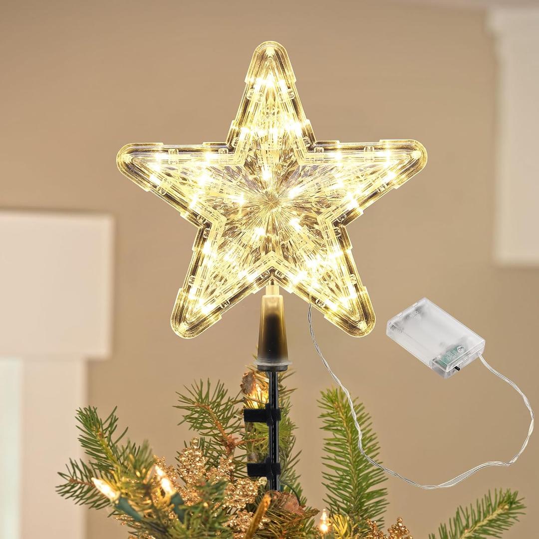 Christmas Tree Topper Star Light up, Xmas Holiday Decorations Treetopper with LED Twinkle Lights, Holder Clips on Artificial Real Trees, Gold New Year Ornaments Battery Powered for Place Anywhere