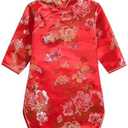 Girls Qipao Peony Long Sleeve Dress Chinese New Year Clothing Chinese Traditional Clothes for Kids Toddler 10-11 Y