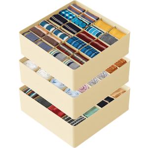 SpaceAid Sock Drawer Organizer Divider 3 Pack, 64 Cell Dresser Closet Nursery Underwear Organizers Storage Bins for Organizing Socks Underwear Ties Belts (Beige)
