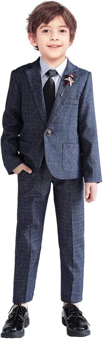 LOLANTA Kids Boys Plaid Suit Fashion Blazer Pants Set 2 Piece Formal Wear Outfit for Wedding (8-9 Years, Dark Blue)
