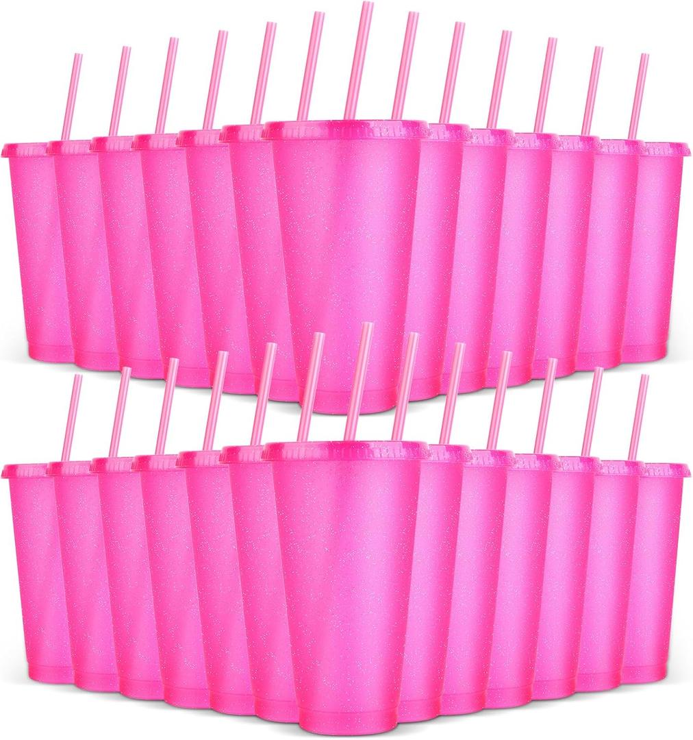 24 Pack Plastic Tumblers with Lids and Straw, Reusable Cups with Lids and Straws Colorful Cups for Cold Drink Iced Coffee, Plastic Tumbler Bulk for Party Birthday Gifts (24 oz, Pink)