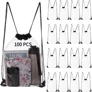Homaisson 100 PCS Drawstring Backpacks Bags, Clear Bulk Plastic Bags for Men Women Gym Sport Colleges Event Security, Portable Drawstring Bags for Daily Essentials