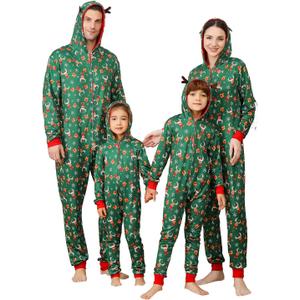 ANGELGGH Family Matching Christmas Onesie, Cute Vacation Xmas Print One Piece Pajamas, Hooded Holiday Sleepwear Nightwear PJs (Green, M)