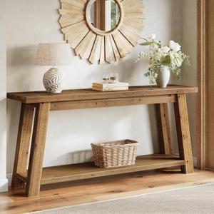 LITTLE TREE 70.9" Solid Wood Console Table for Entryway, 2-Tier Sofa Table Behind Couch, Farmhouse Entryway Table for Living Room, Bedroom, Foyer, Brown