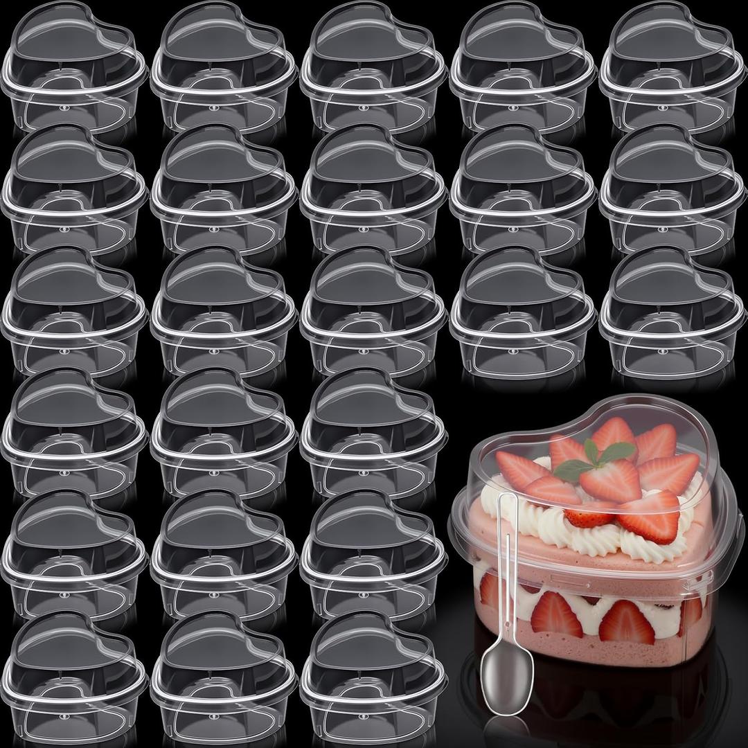 24 Pack Heart Shaped Dessert Cups with Lids and Spoons 4 oz Mini Plastic Dessert Container Appetizer Parfait Cups Clear Shooter Container for Valentine Wedding Serving Party