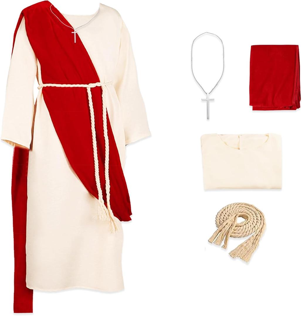 Kids Jesus Saint Biblical Robe Costume Necklace Scarf Shawl Waist Rope Cosplay for Kids Halloween Christmas (Medium, White)