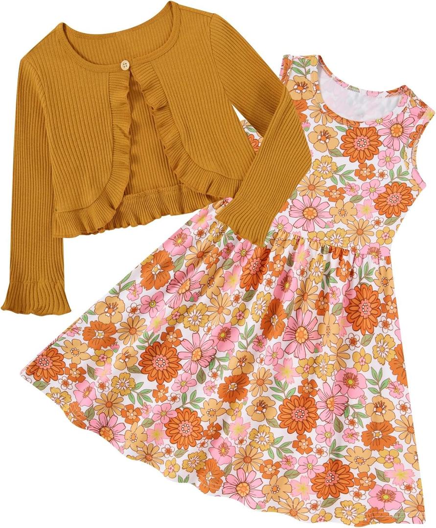 Size 3-4 Toddler Girl Floral Dresses 3T-4T Cute Rianbow Long Sleeve Fall Dress for Little Girls Rufffle Birthday Kids Cardigan Sleeveless Sets