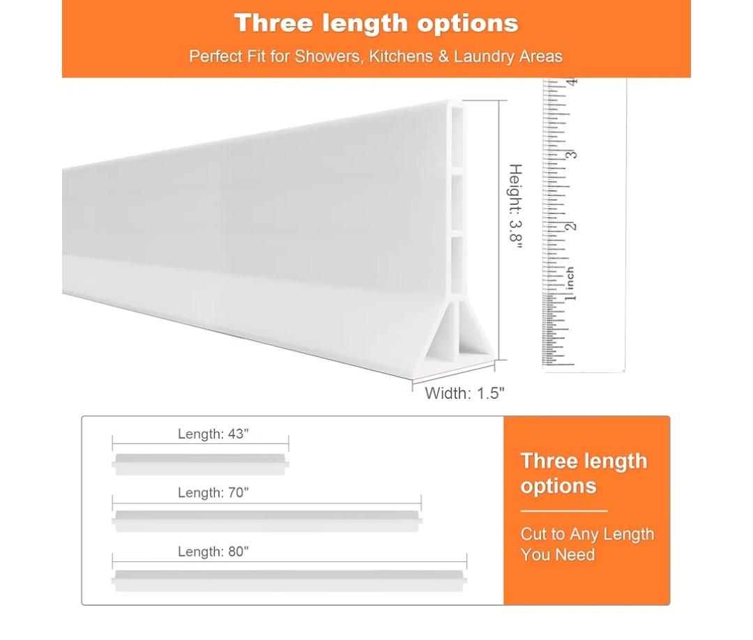 67-Inch Shower Splash Guard, 3.2-Inch Shower Threshold Water DamFlexible Rubber Splash Guard for Bathtubs and Walk-In Showers, 3.8-Inch High Collapsible Water Barrier for Wet/Dry Separation