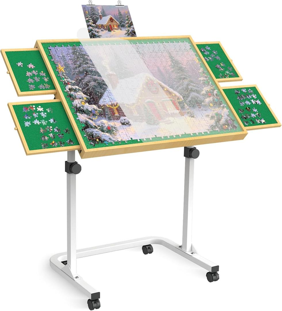 Jigsaw Puzzle Table 1500 Pieces,Adjustable Height&Up Puzzle Table with draswers and Cover,Puzzle Tables for Adults with Drawers, for Puzzle Doer（Green Color