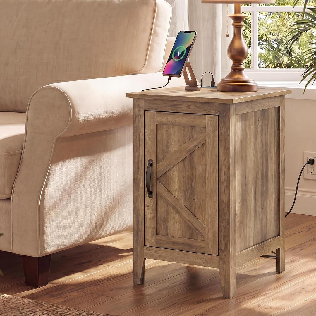 VASAGLE Side Table with Charging Station and Storage Cabinet, Nightstand, 18.9"D x 14.2"W x 24.8"H