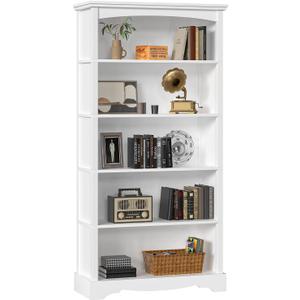 TVU 5-Tier Wooden Bookshelf, 65 Inch Tall Bookshelf with Storage, Floor Standing Modern Style Display Bookcase for Living Room, Office, Study Room, Entryway, White