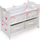 Badger Basket Wooden Doll Bed with Bed Liner, Pillows and Two Storage Baskets - Fits 18" Dolls - Ideal for Pretend Play and Baby Doll Fun - White/Rose Design with Free Personalization Kit, 20