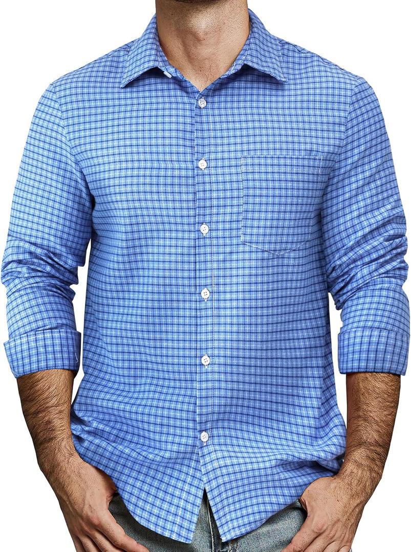 Mens Gingham Button Down Shirt Long Sleeve Dress Shirts Business Casual Shirts with Pockets (XXL)