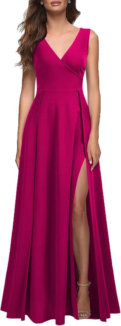 MUSHARE Women's V Neck Sleeveless Split Formal Dress Cocktail Party Prom Long Dresses (Large, Magenta)