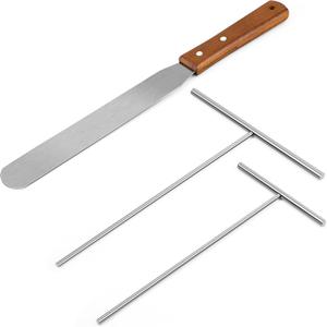 Crepe Spreader and Spatula Kit, Wood Handle Offset Spacula 12",Stainless Steel 7" & 5" T-Shaped Batter Spreaders, Pancake Tool, Crepes Turner Sticks Fit Any Crepe Pan Maker, Pack of 3