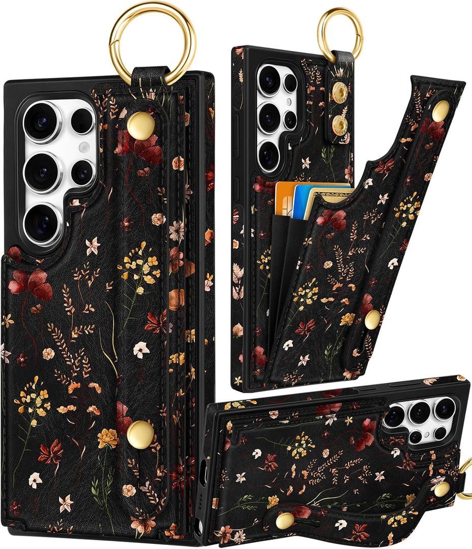 Petitian for Samsung Galaxy S24 Ultra Case with Wallet - Women Girls Cute Girly Aesthetic Unique Design with Leather Credit Card Holder Cardholder Stand Wristband for S24 Ultra, Grow Flower