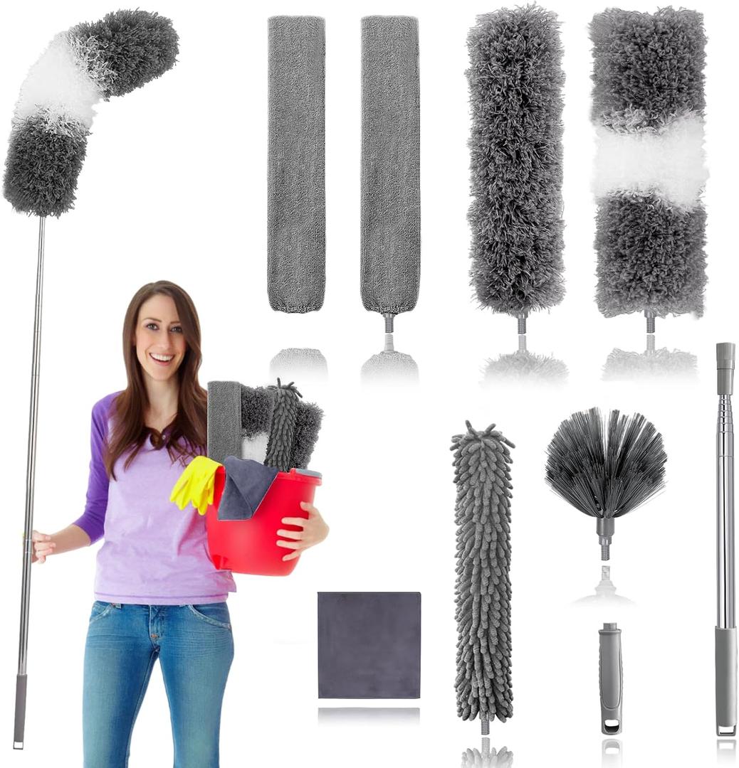 Dusters for Cleaning,9Pcs Feather Duster with Extension Pole Up to 100'', Bendable Extendable Long Feather Duster for Cleaning Fan, High Ceiling, Blinds, Furniture, Cars